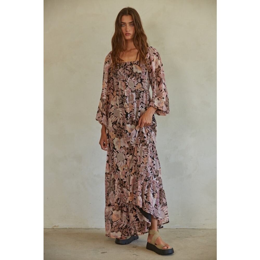 By Together Pink & Black Size Small Chiffon Floral Maxi Peasant Dress